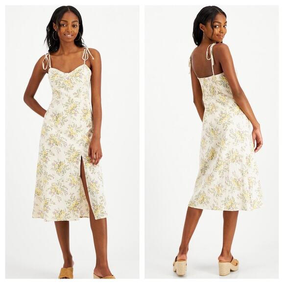 NWT Lucky Brand Corset Floral Midi Dress Tie Shoulders Smocked Stretch Back M - Picture 1 of 6